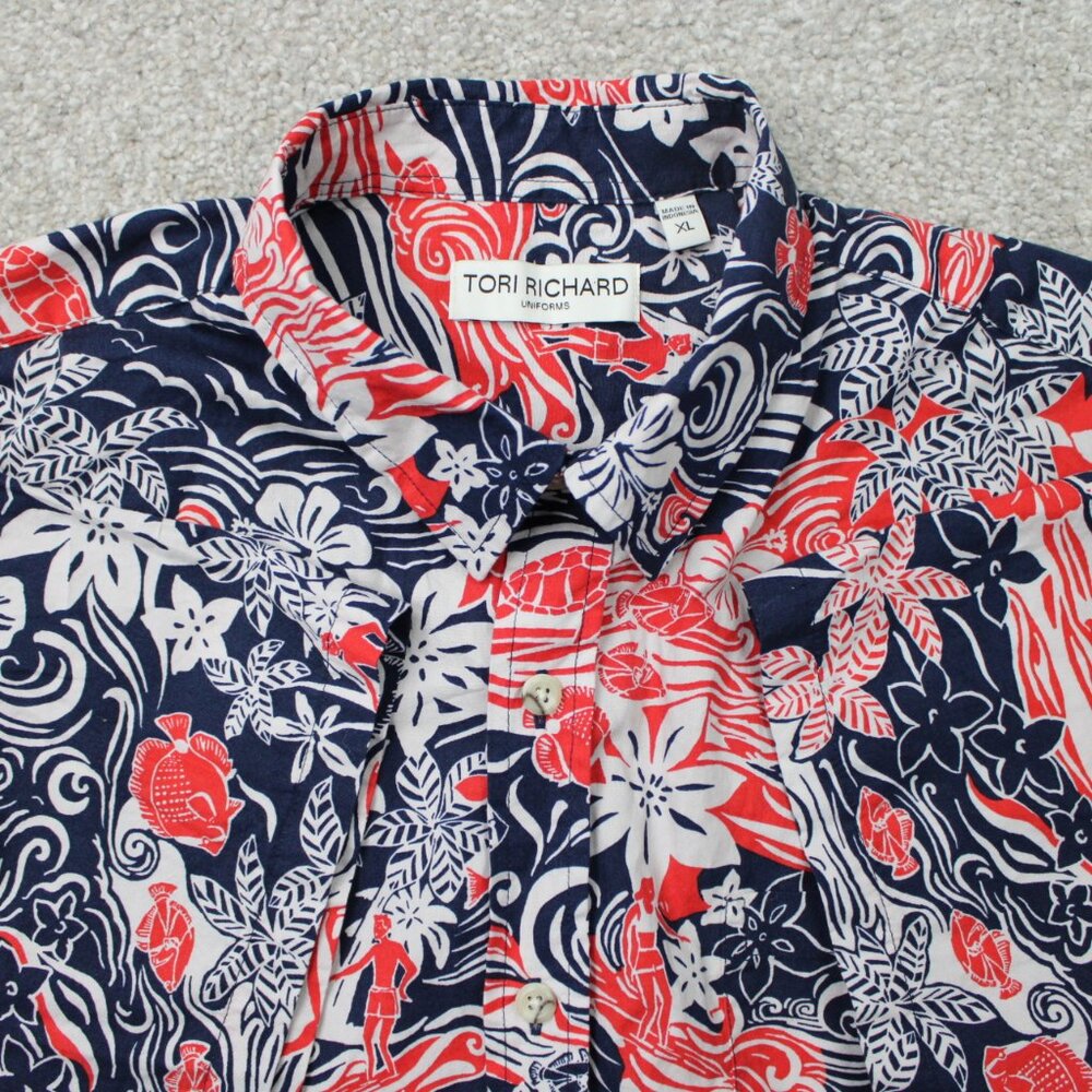 Tori Richard‎ Uniforms Shirt Mens XL Red/Blue Floral Hawaiian 100% Cotton S/S